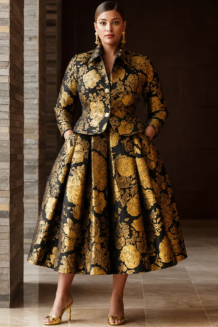 Xpluswear Design Plus Size Formal Gold Foil Print Turndown Collar Long Sleeve Pocket Fold Satin Two Piece Skirt Sets [Pre-Order] 2024 - Xpluswear