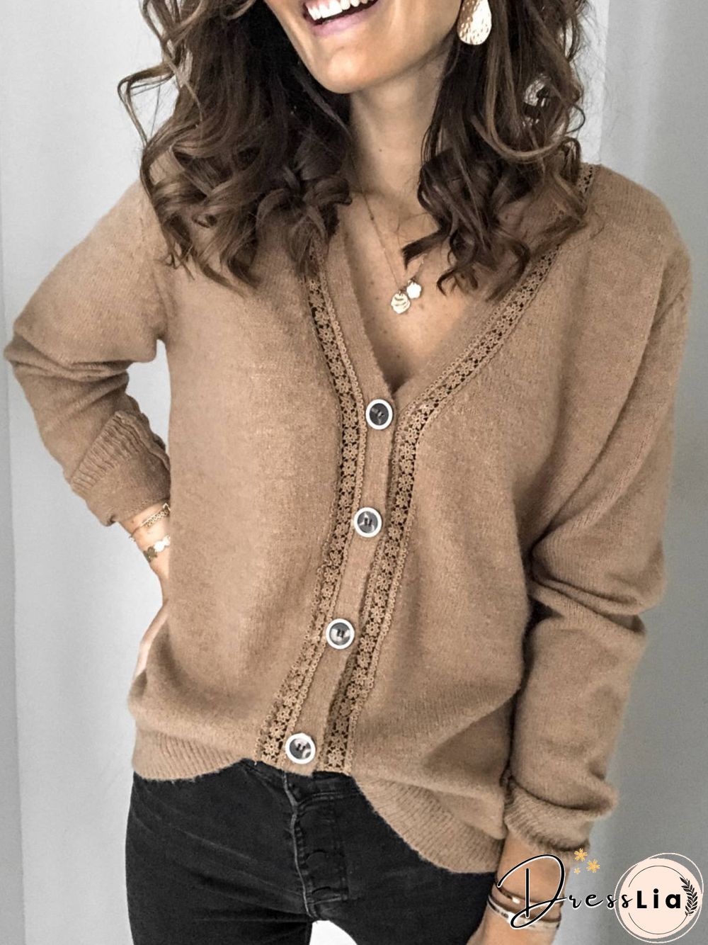 Casual Autumn Knitted V neck Mid-weight Micro-Elasticity Daily Long sleeve Jacket for Women