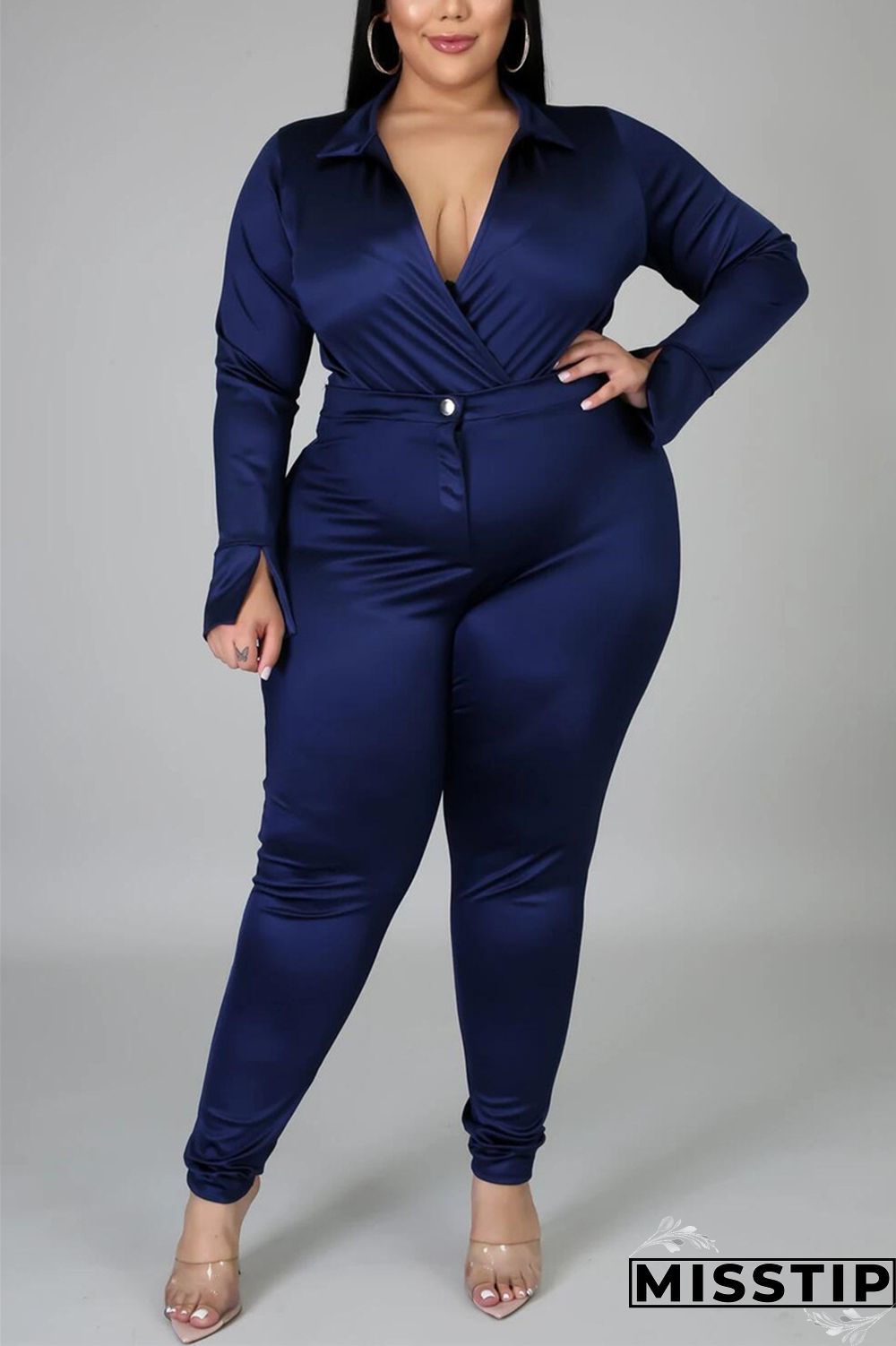 Blue Fashion Casual Solid Basic Turtleneck Plus Size Set