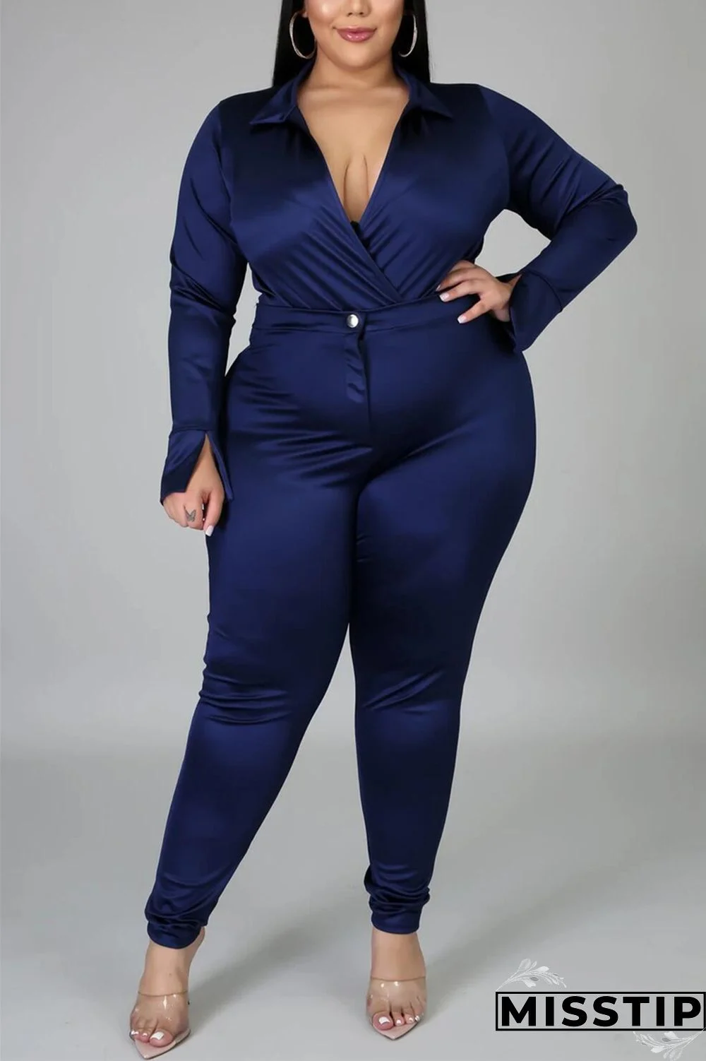 Blue Fashion Casual Solid Basic Turtleneck Plus Size Set