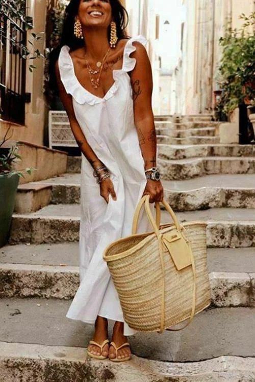 Solid Ruffles V Neck Maxi Dress