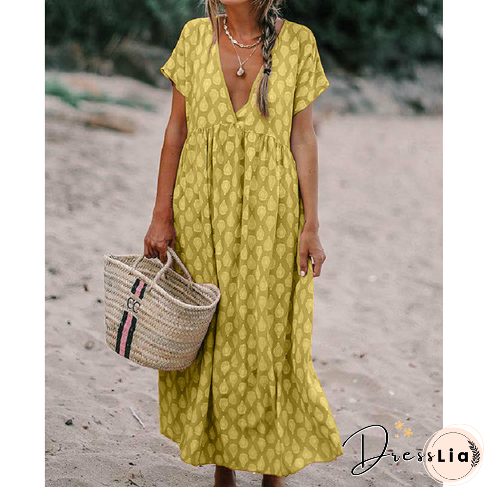 V-neck Loose Short-Sleeve Printed Dress