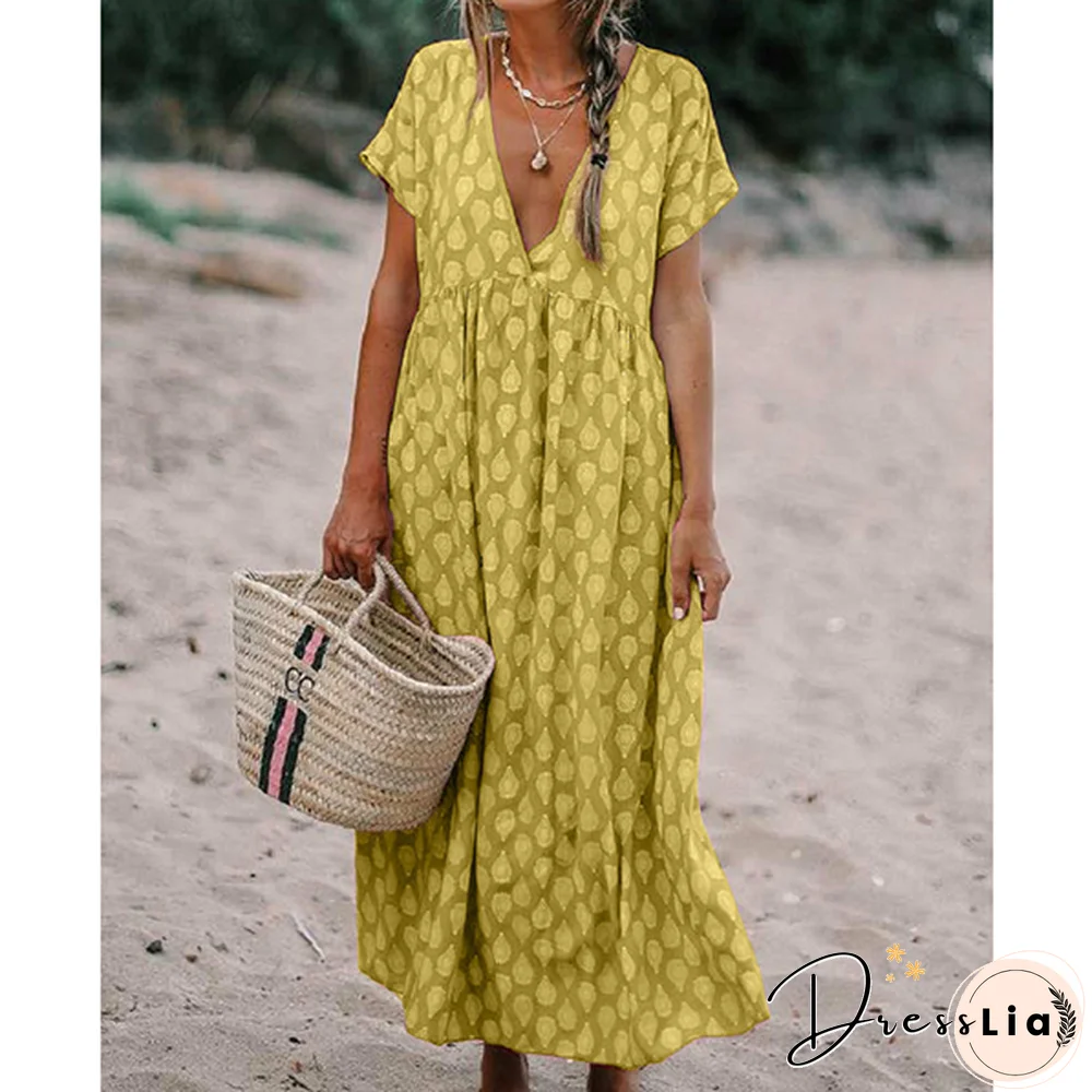 V-neck Loose Short-Sleeve Printed Dress