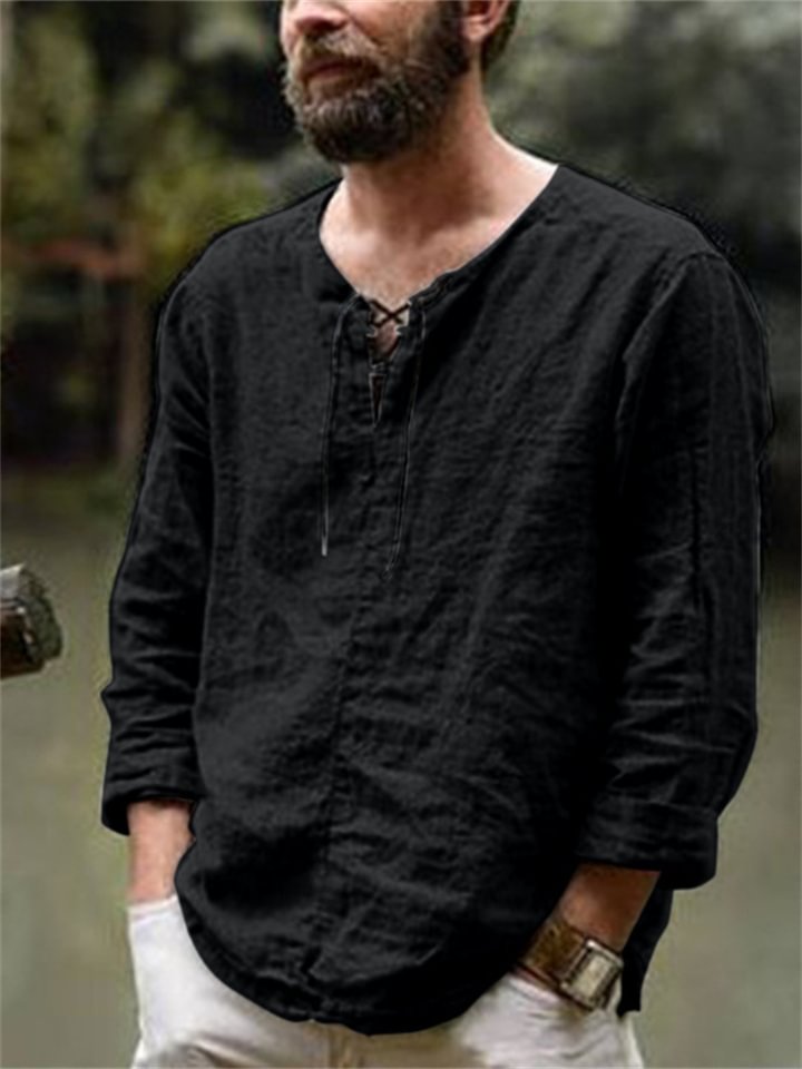 Men's Linen Shirt Solid Color Plain Collarless Maroon Black White Pink Blue Outdoor Street Long Sleeve Clothing Apparel Basic Streetwear Casual-Hoverseek