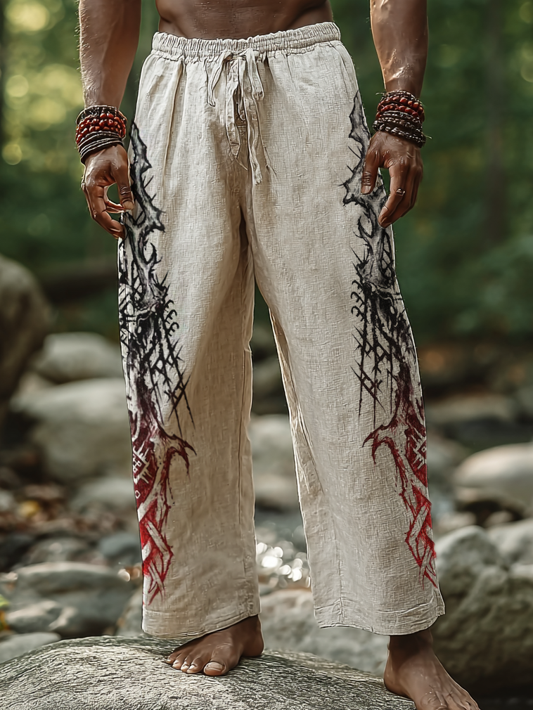 Men's Viking Holiday Style Vintage Ethnic Fenrir Wolf Totem Casual Linen Pants / Rvogue / Rvogue