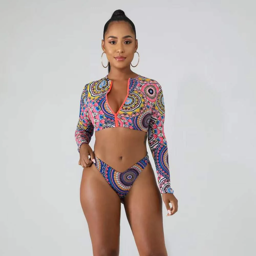 Uveng Uveng New Long Sleeve Zip Bikini High-Waisted Women's Split Swimsuit Conservative Sunscreen Beach Swimsuit