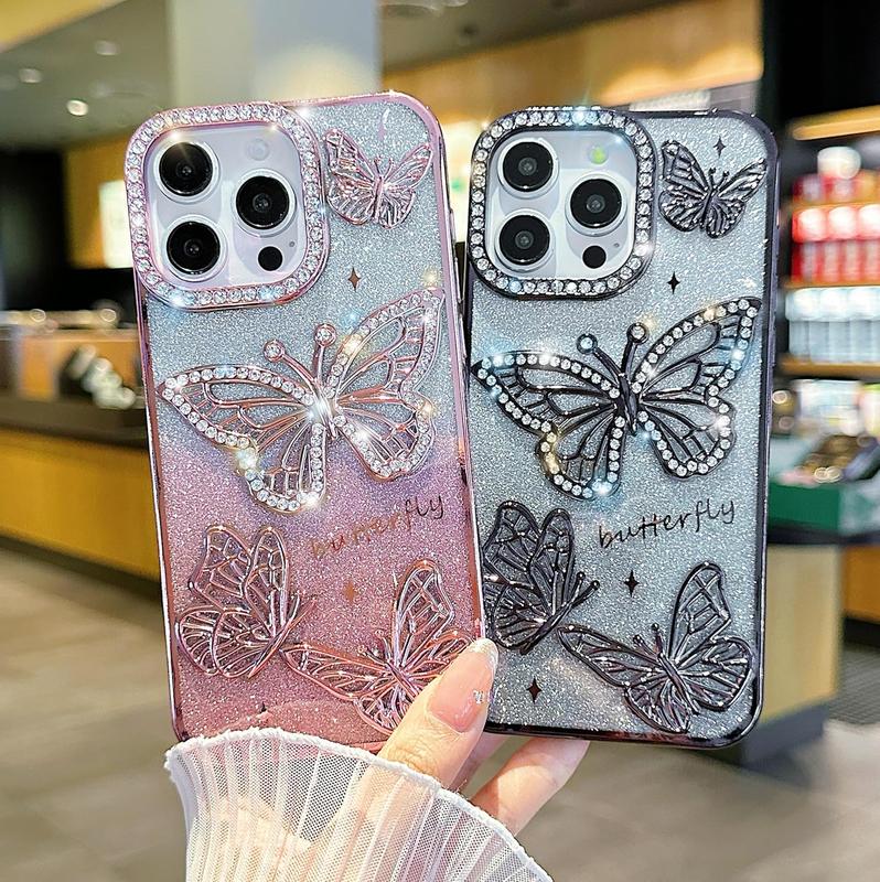 Sparkling Butterfly Diamond Phone case, TPU Soft Shockprooft Case Cover for iPhone 16,15,14,13,12,11 Plus Pro Max