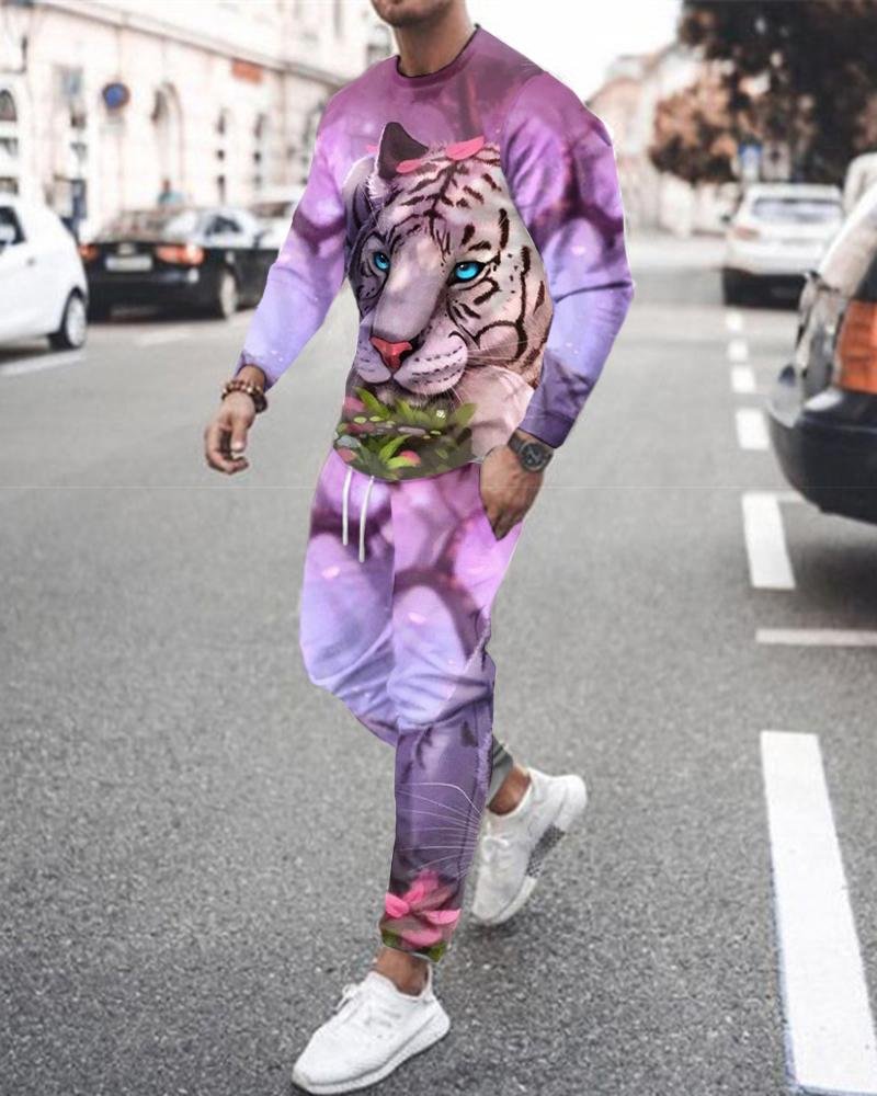 Men's Casual Pink Tiger Printing Long-sleeved Suit