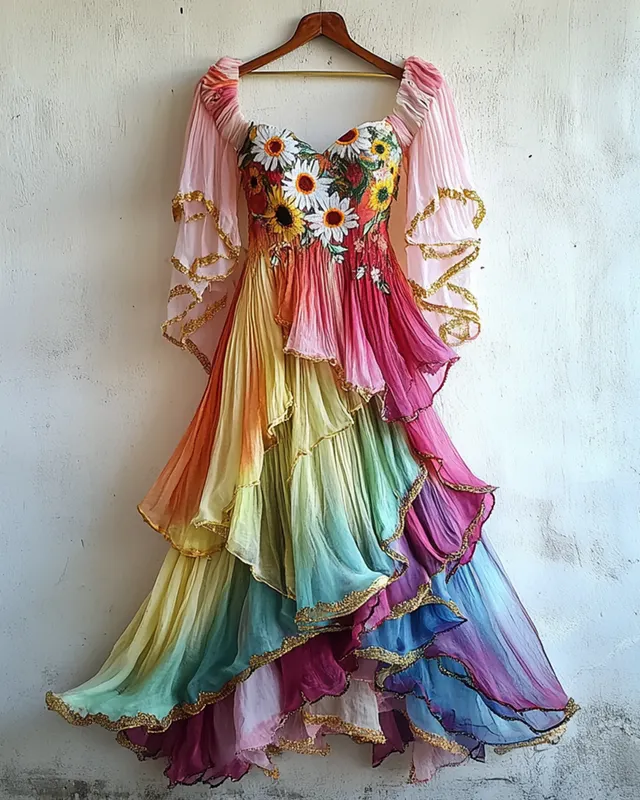 Gilded Ruffled Daisy Embroidery Gradient Irregular Dress cce9