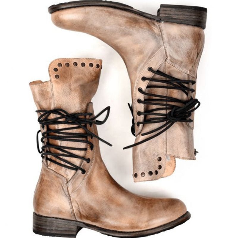 Women Shoes Retro Female Pu Leather Rivet Block Lace Up Motorcycle Boots Low Heel Mid Calf Boots Plus Size Fashion