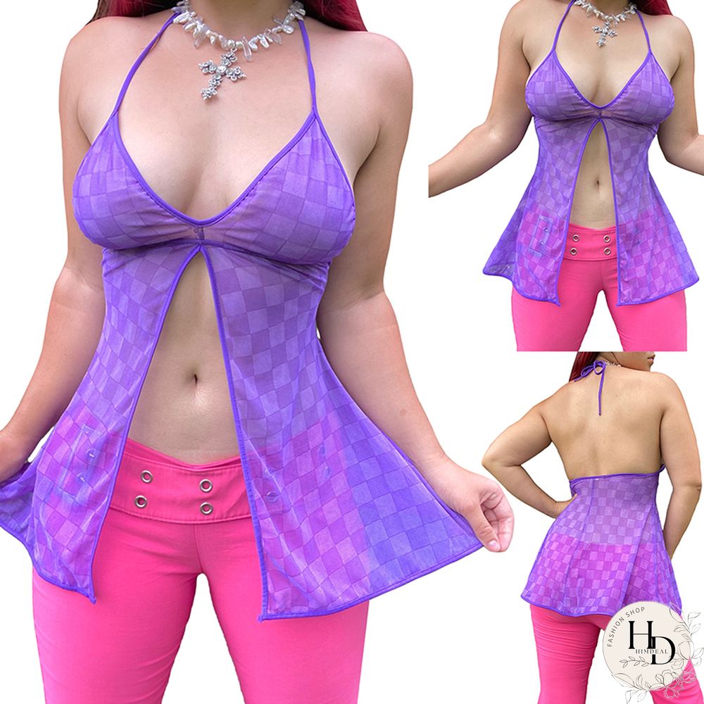 Y2k Plaid Camis Sexy Women Sleeveless Halter Top Vintage Style Aesthetic Tank Tops Harajuku Kawaii Mesh Tee