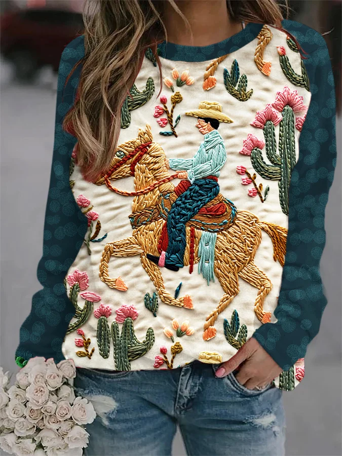 VChics Western Cowboy & Botanical Floral Embroidery Casual Sweatshirt