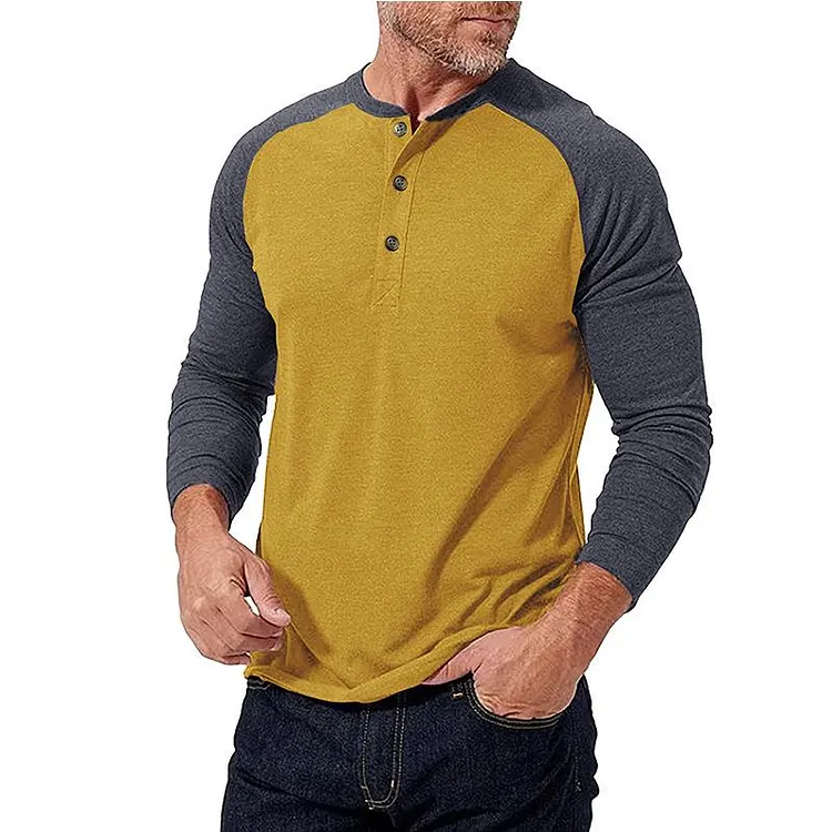 Men's Casual Colorblock Henley Collar Slim Fit Long Sleeve T-Shirt