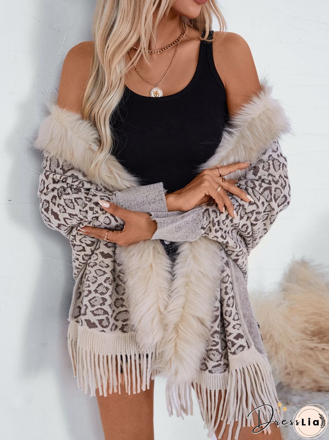 Fringe Leopard Open Front Long Sleeve Poncho