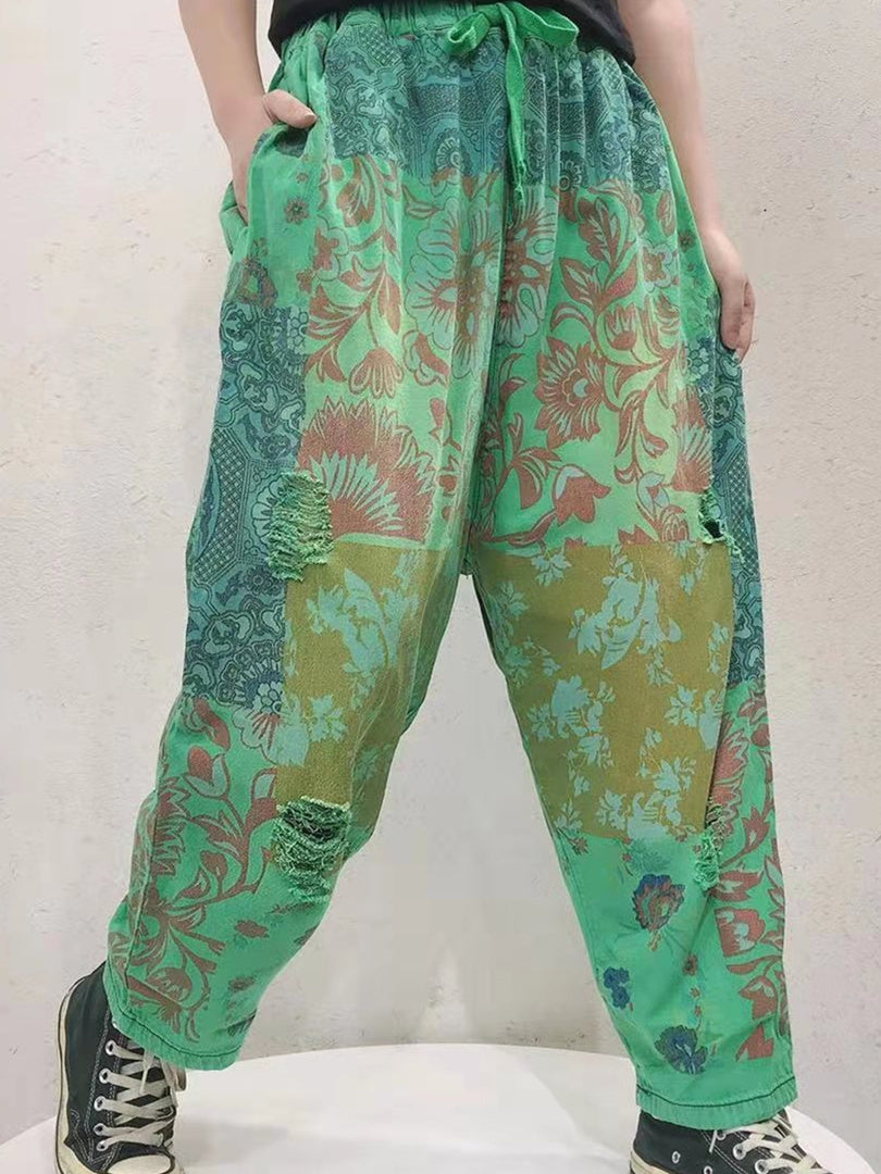 Women's Floral Printed Casual Wide Leg Ripped Denim Cropped Pants