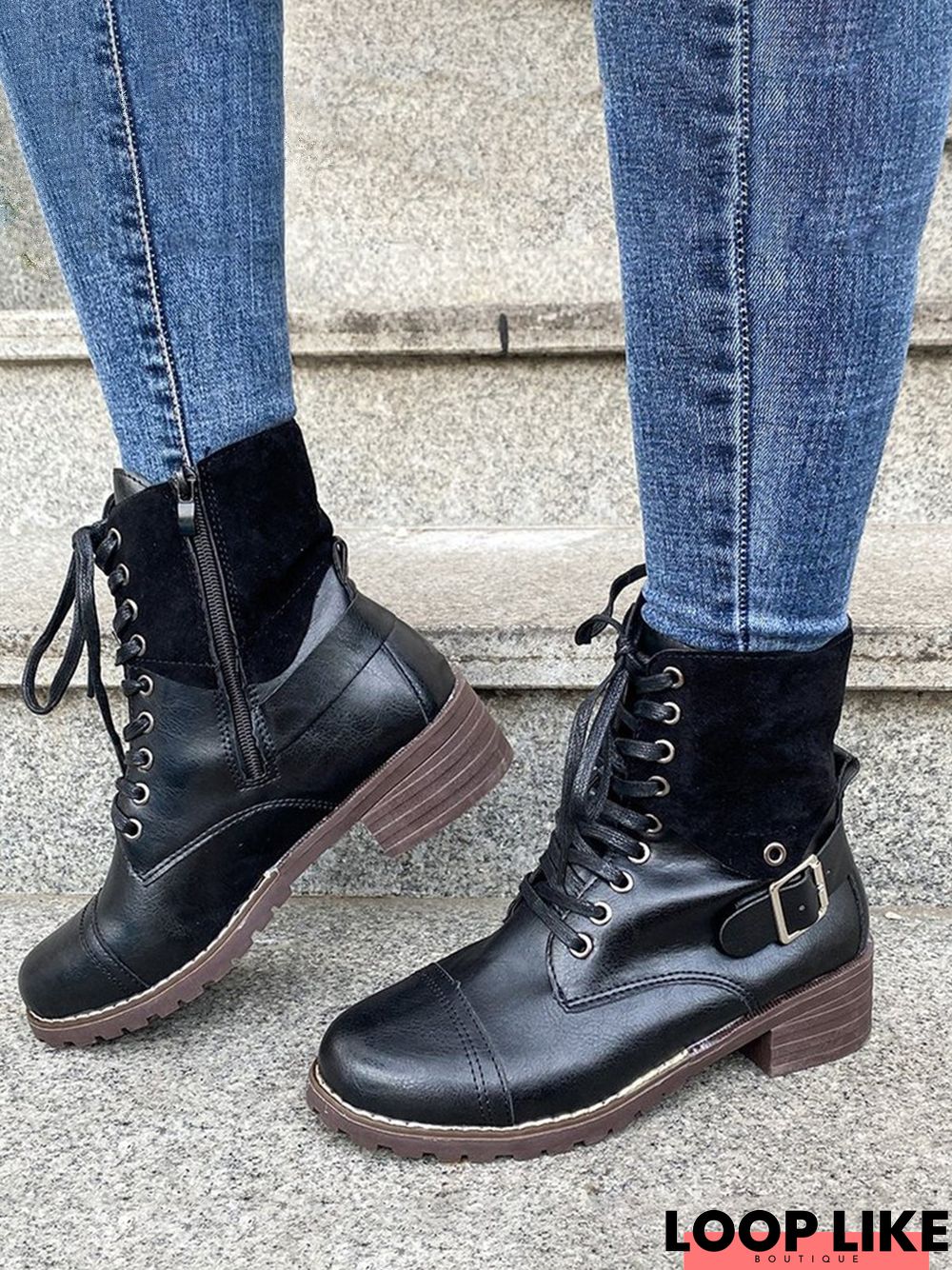 Applique Stitching Lace Zipper Floral Boots
