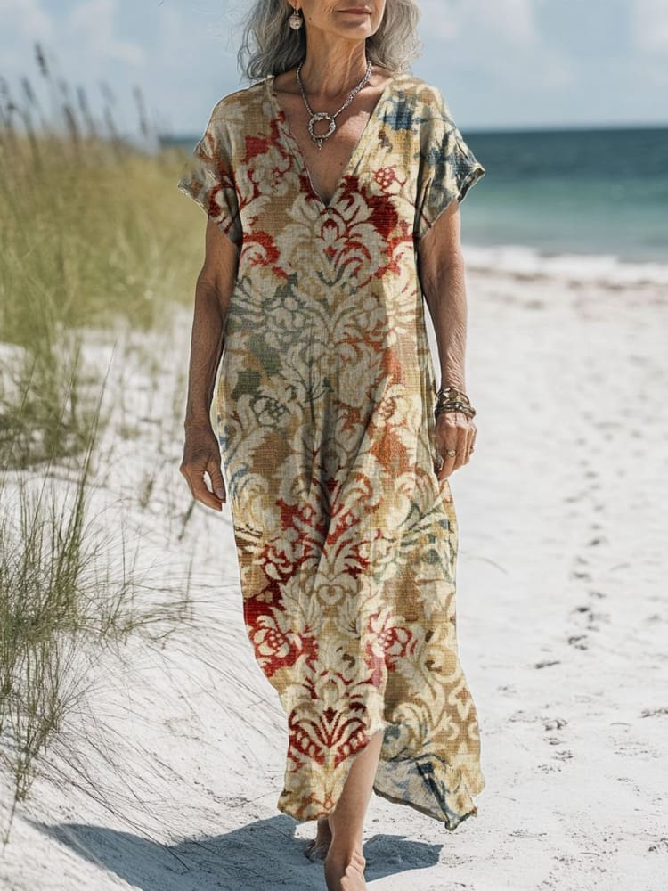 Womens Vintage Artistic Floral Pattern Print Pocket Cotton Dress