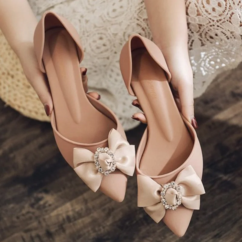 Elegant Women Shoes Butterfly-knot Pumps Summer Drill Ladies Pointed Toe Shallow Jelly Shoes Low Heel Office Female Footwear