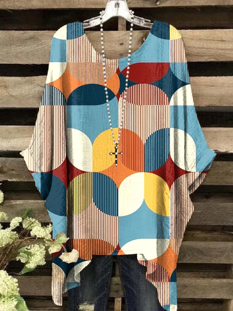 Women's Vintage Geometric Line Art Print Crew Neck Top