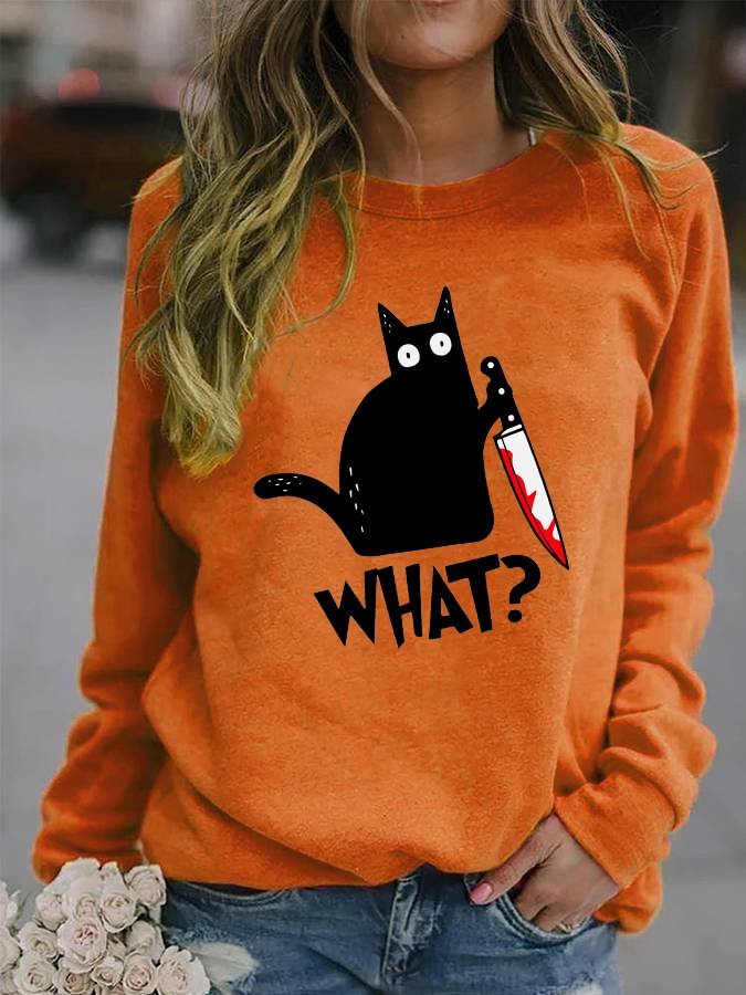 Women's Halloween Black Cat Print Casual Sweatshirt