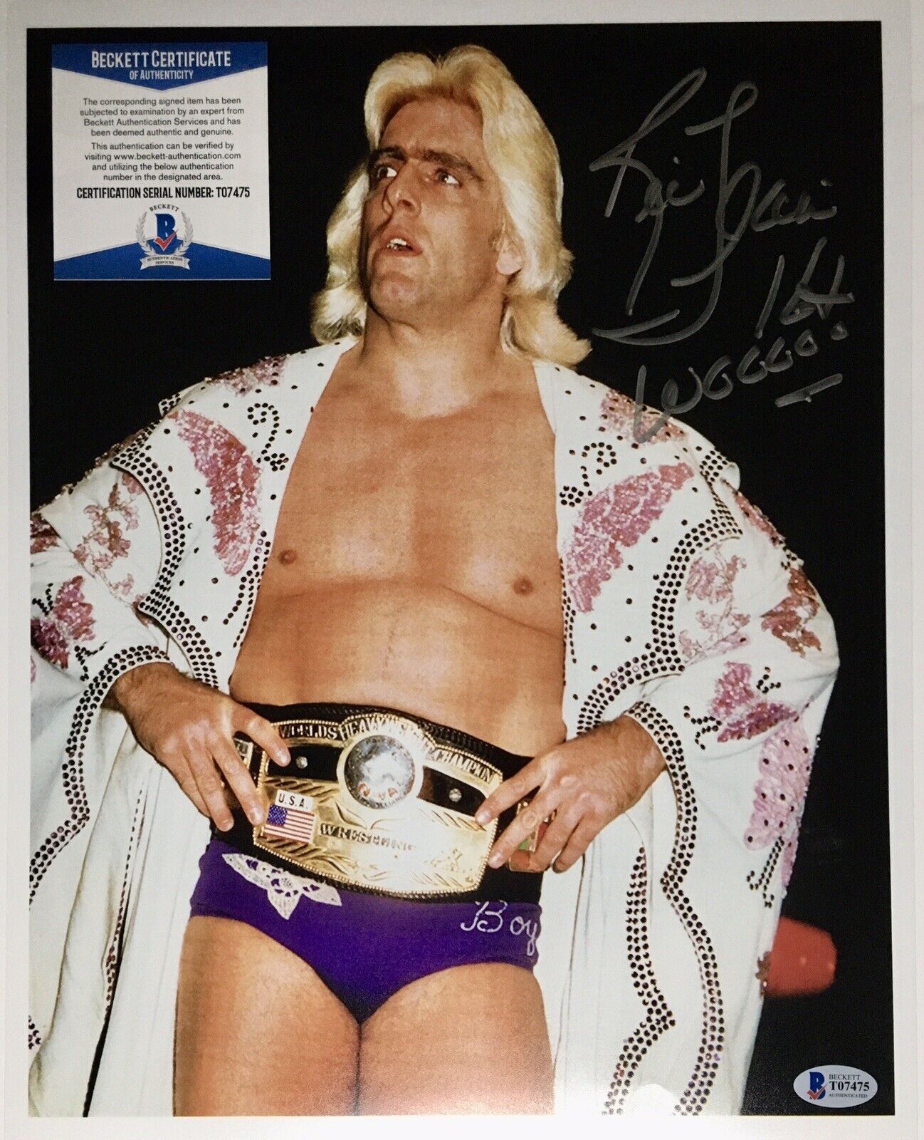 Ric Flair Signed 11x14 Photo Poster painting Beckett COA WWE Picture w/ NWA belt HOF WCW