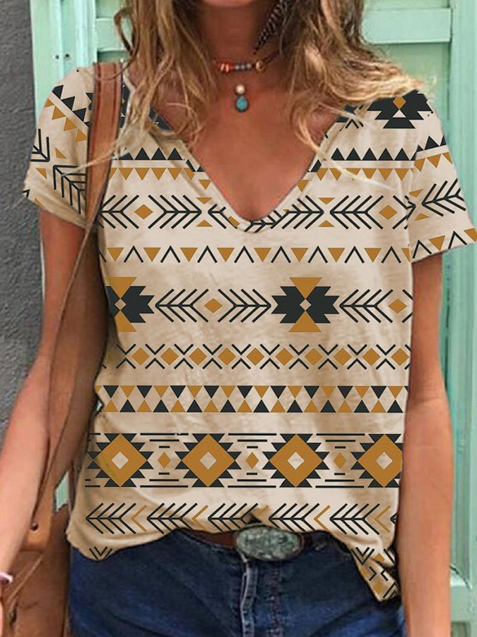 Vintage Print V-Neck Short Sleeve T-Shirt