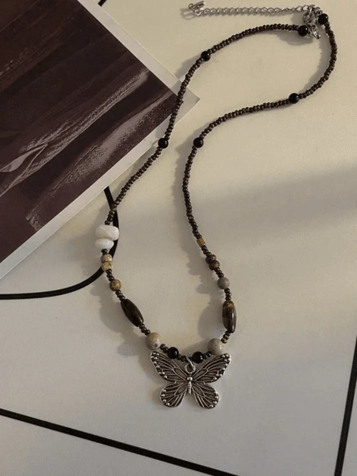 Brownm Vintage Beads Stone Butterfly Necklace