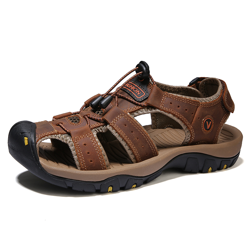 Summer Men's Genuine Leather Outdoor Closed Toe Sandals Velcro Strap Beach Shoes | ARKGET