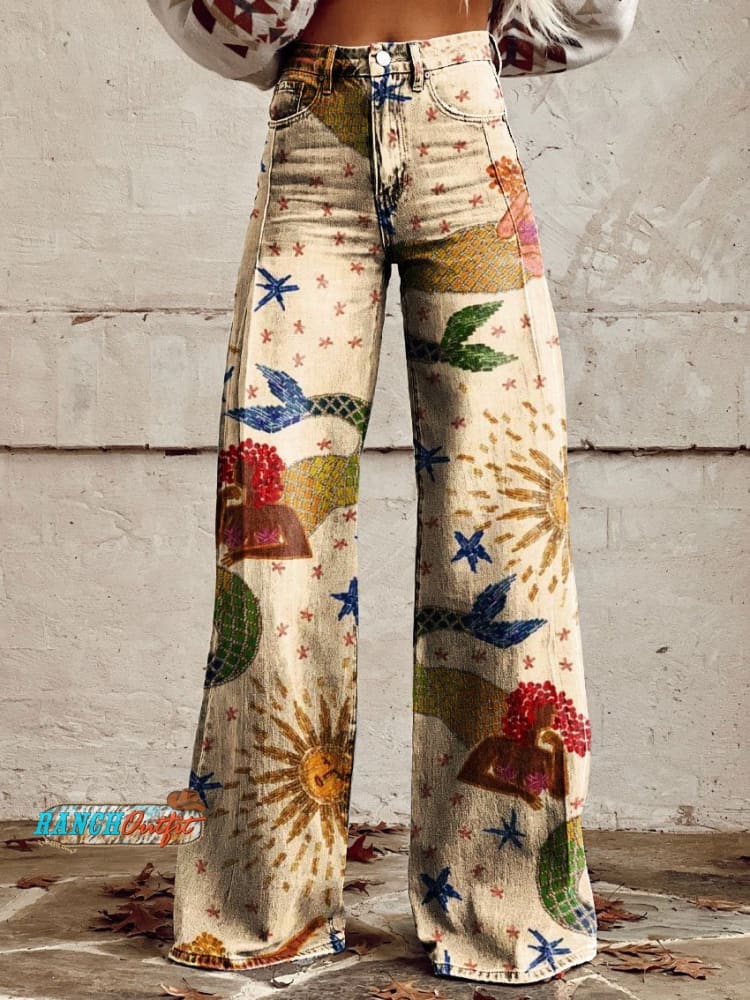 Women’s Vintage Mermaid Art Print Casual Wide Leg Pants Multicolor / S