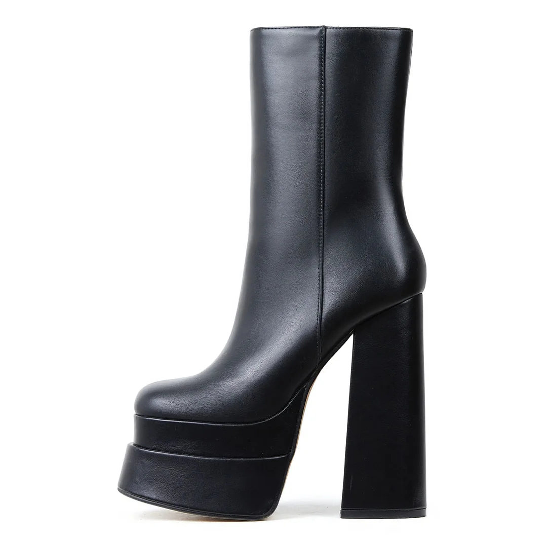 Black Round Toe Chunky Heel Platform Mid Calf Boots with Zipper