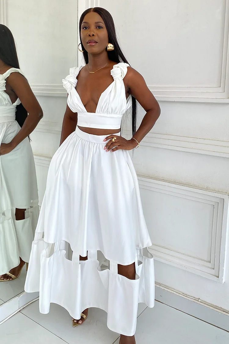 Knotted Crop Top Cut Out Maxi Skirt Party 2pcs Set-White [Pre Order]