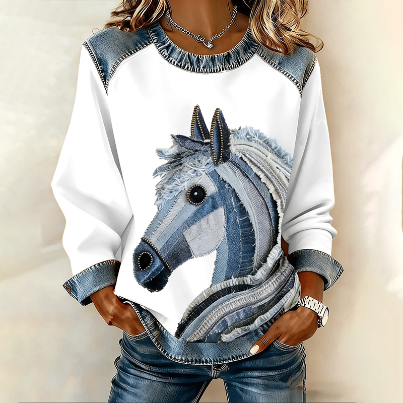 Women's Retro Patchwork Pony Denim Graphic Crew Neck Sweatshirt wearshes