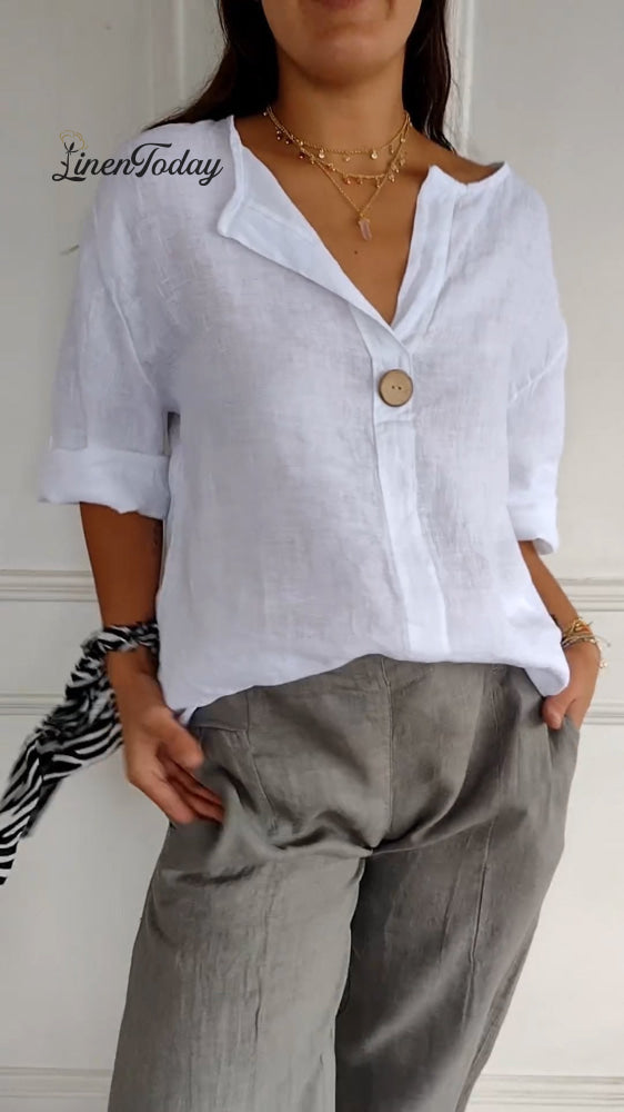 V-Neck Cotton And Linen Comfortable Top White / S(Us 6-8)