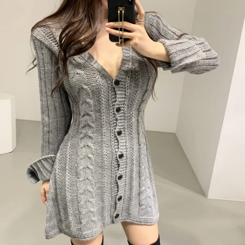 Graduation Gifts   Twisted Knitted Sweater Mini Dress Women V-Neck Single Breasted Party Dress Autumn Winter Long Sleeve Korean Casual Dresses Robe