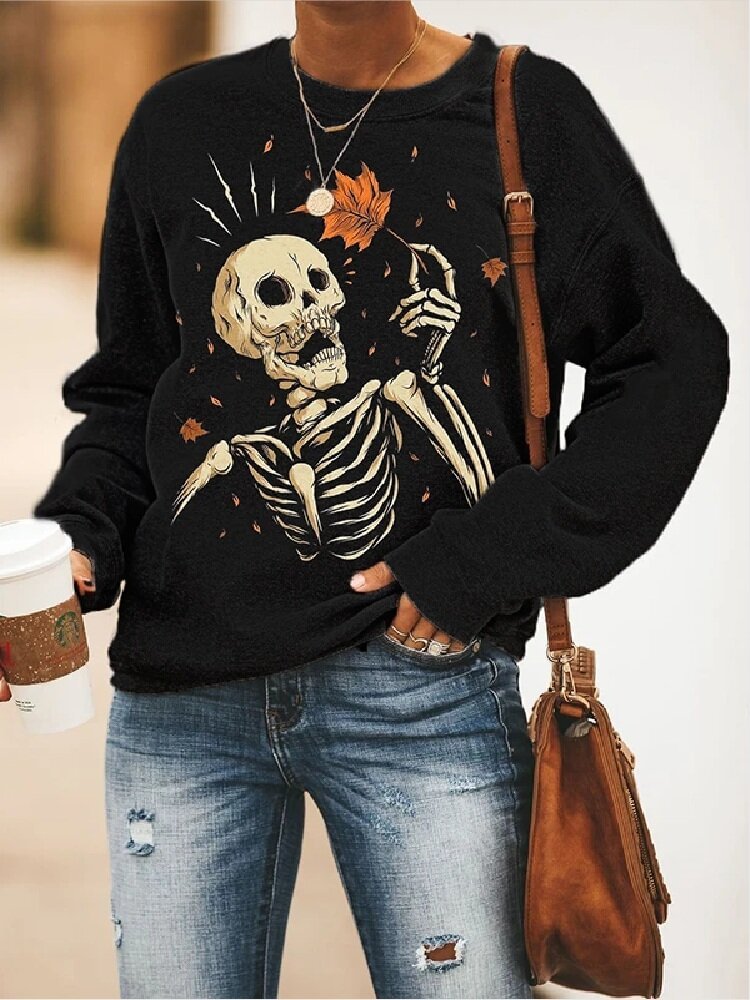 Skull Printed Long Sleeve O-neck Casual Sweatshirt For Women - Shop Trendy Women's Clothing | LoverChic