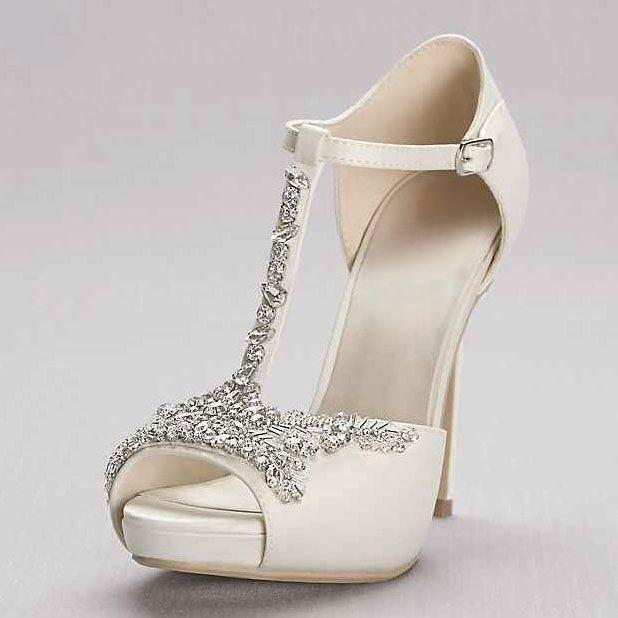 GOOSHOE White Rhinestone T-Strap Platform Wedding Sandals
