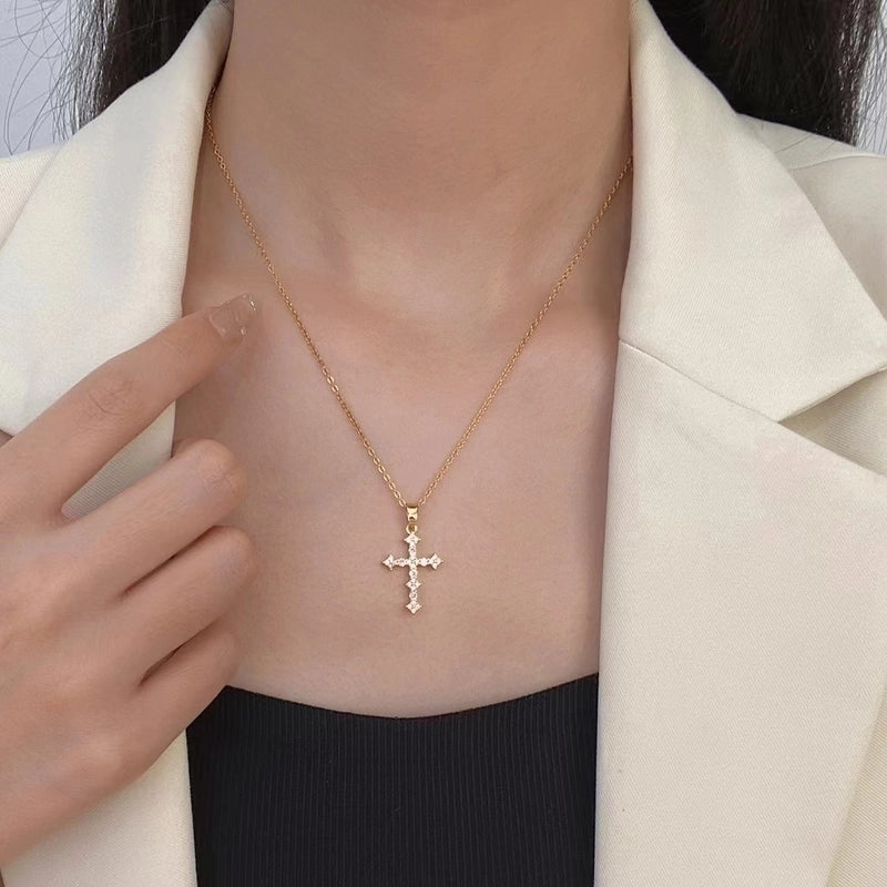 Stainless Steel 18K Gold Plated Minimalist Plating Inlay Cross Zircon