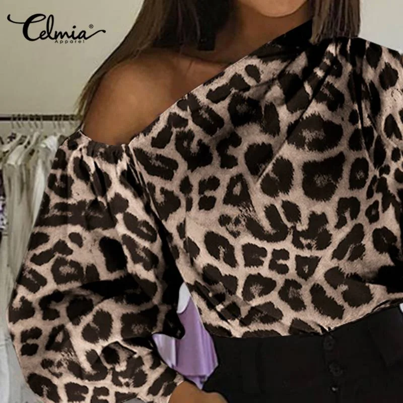 S- Women's Blouses Fashion Tops Celmia Sexy One Off Shoulder Leopard Printed Shirt Casual Long Lantern Sleeve Office Blusas 7