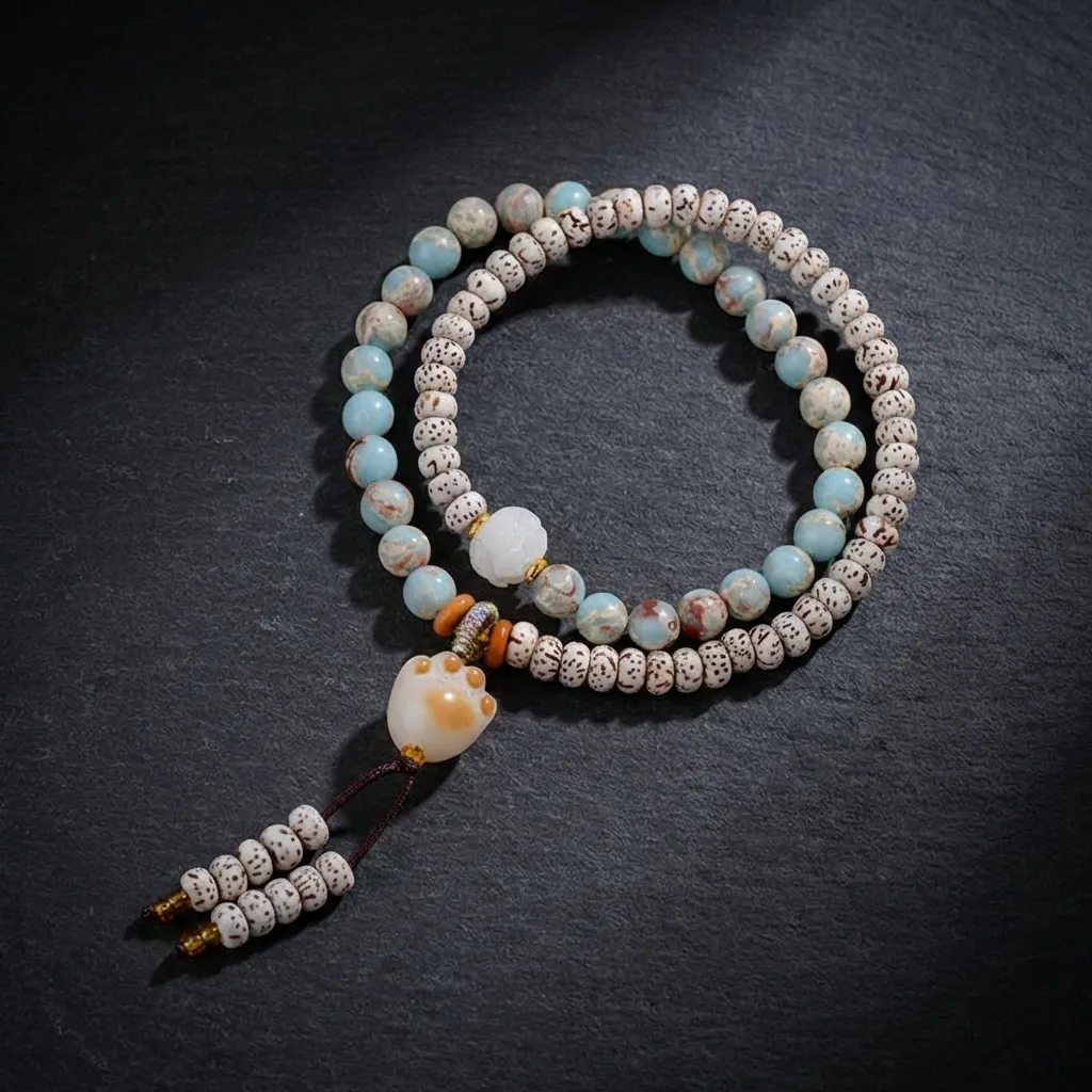 JiStones Celestial Harmony Double-Wrap Bracelet | Natural Shoushan Stone & Star-Moon Bodhi Celestial Harmony - Shoushan Stone & Star-Moon Bodhi with Cat Paw Charm