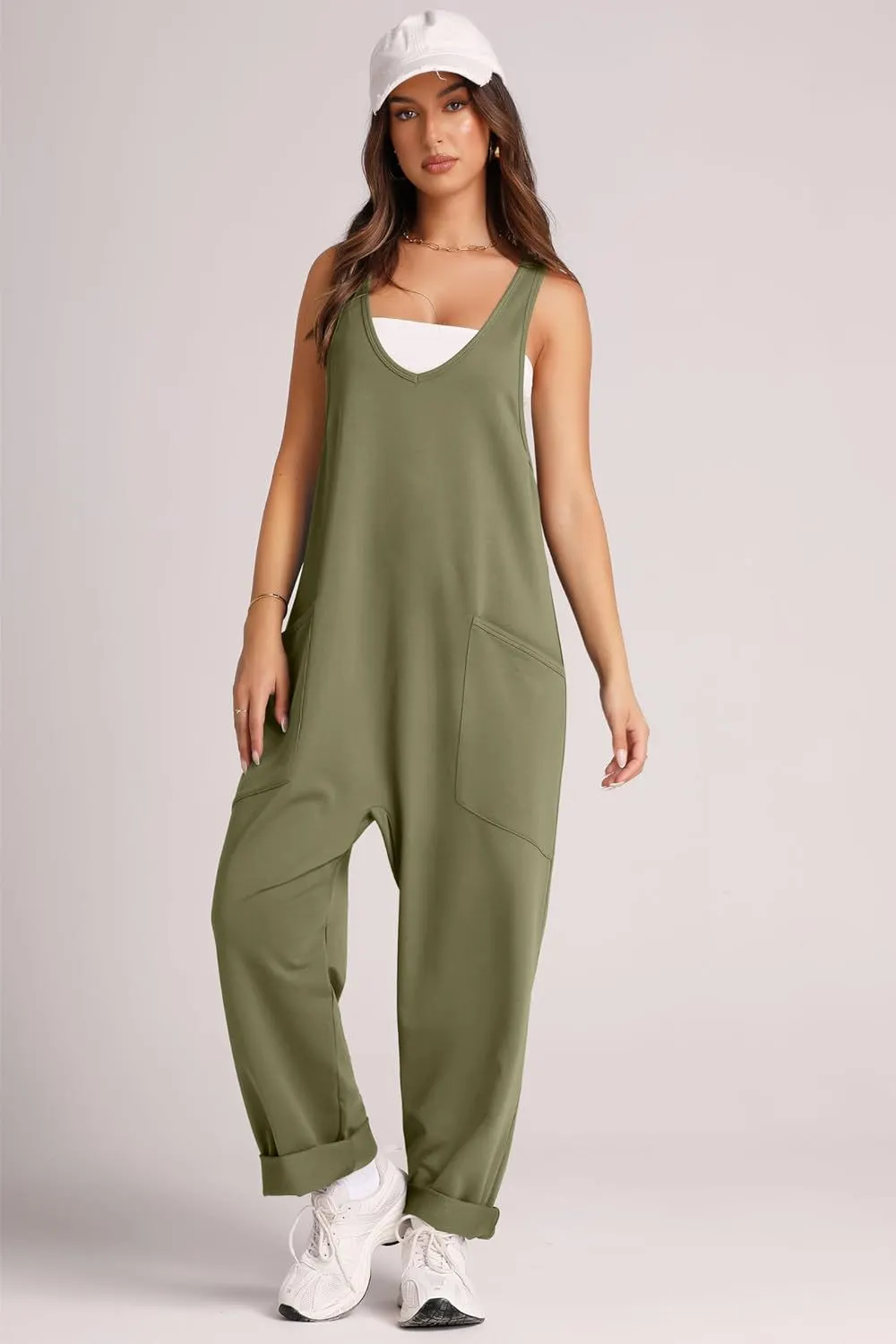 Women's Summer Casual Pocket Knitted One-piece Trousers Jumpsuits