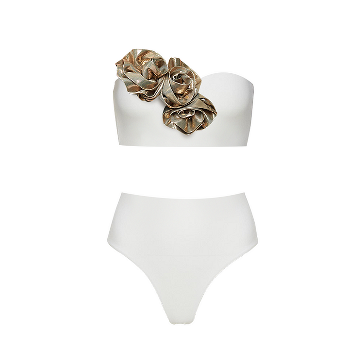 Golden 3D Flower White Bikini Swimsuit  and Skirt