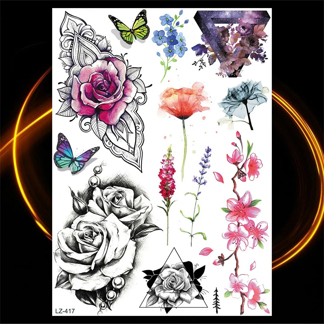 Sdrawing Rose Flower Moon Temporary Tattoos For Women Adult Pendant Peony Lotus Fake Tattoo Calf Thigh Body Art Waterproof Tatoos