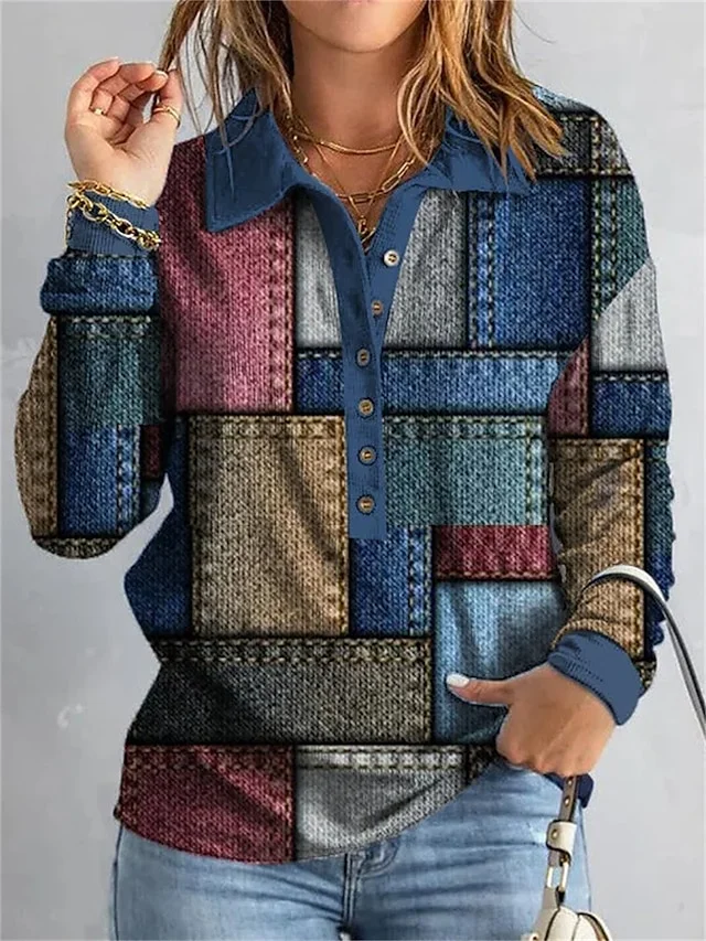 Women's Sweatshirt Pullover Basic Button Black Blue Geometric Street V Neck Long Sleeve socialshop