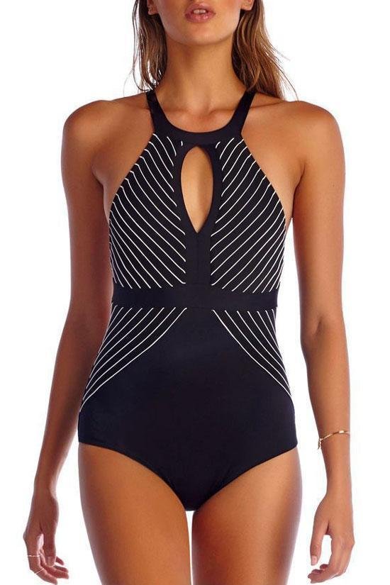 Striped Cross Straps Low Back Cutout Front High Neck One Piece Swimsuit-elleschic
