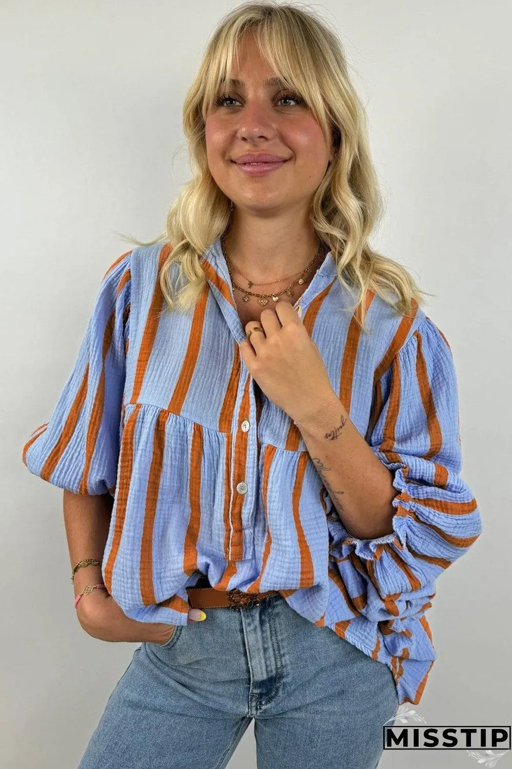 Sky Blue Stripe Crinckled Ruffled Sleeve Button up Loose Shirt