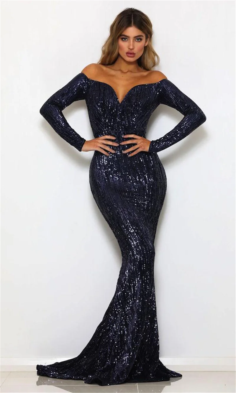 Off-the-Shoulder Sequins Prom Dress Mermaid Long Evening Gowns 
