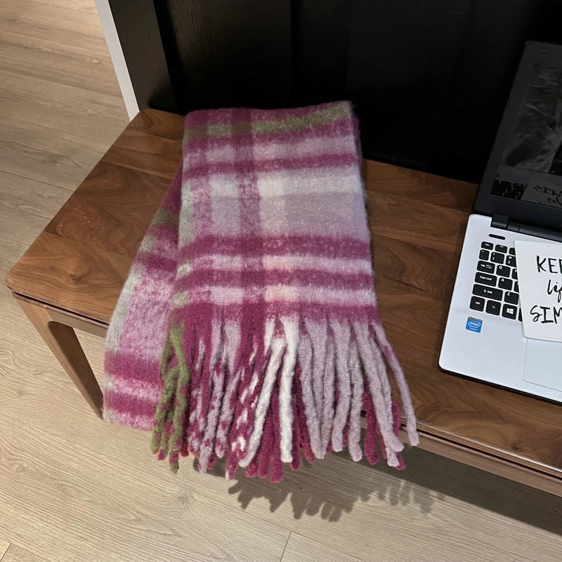 Autumn And Winter Thickened Scarf Women’s Korean-style Rainbow Plaid Tassel Mohair Shawl Student Versatile Warm Scarf Fashion