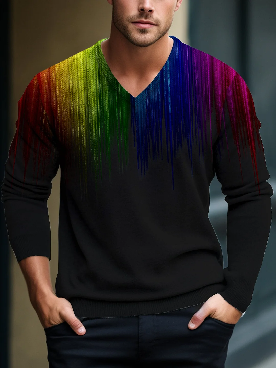 Men Multicolor Gradient Art Casual Print V-Neck Lnit Long Sleeve Knit Sweater