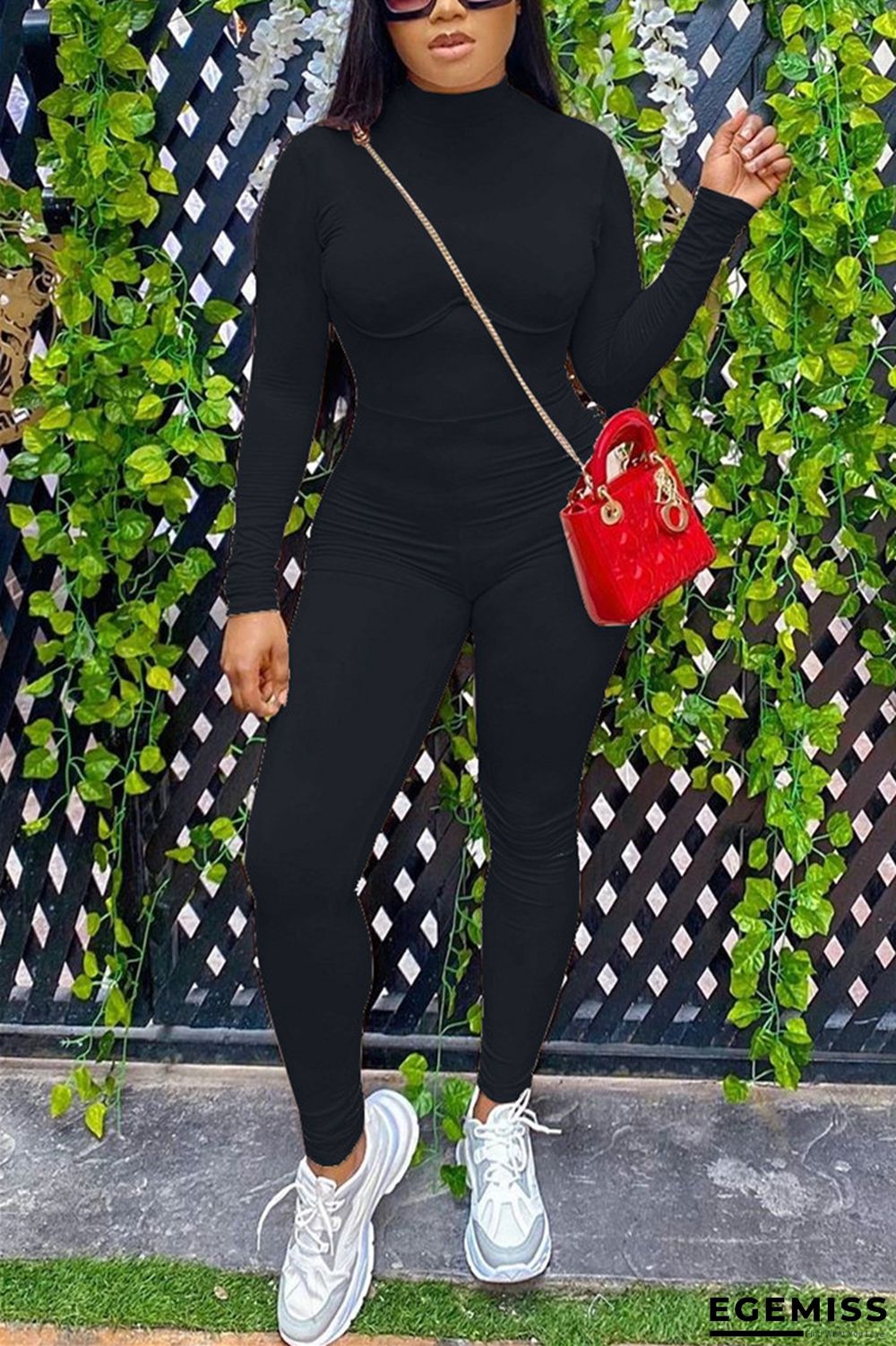 Black Fashion Casual Solid Long Sleeve O Neck Jumpsuits | EGEMISS