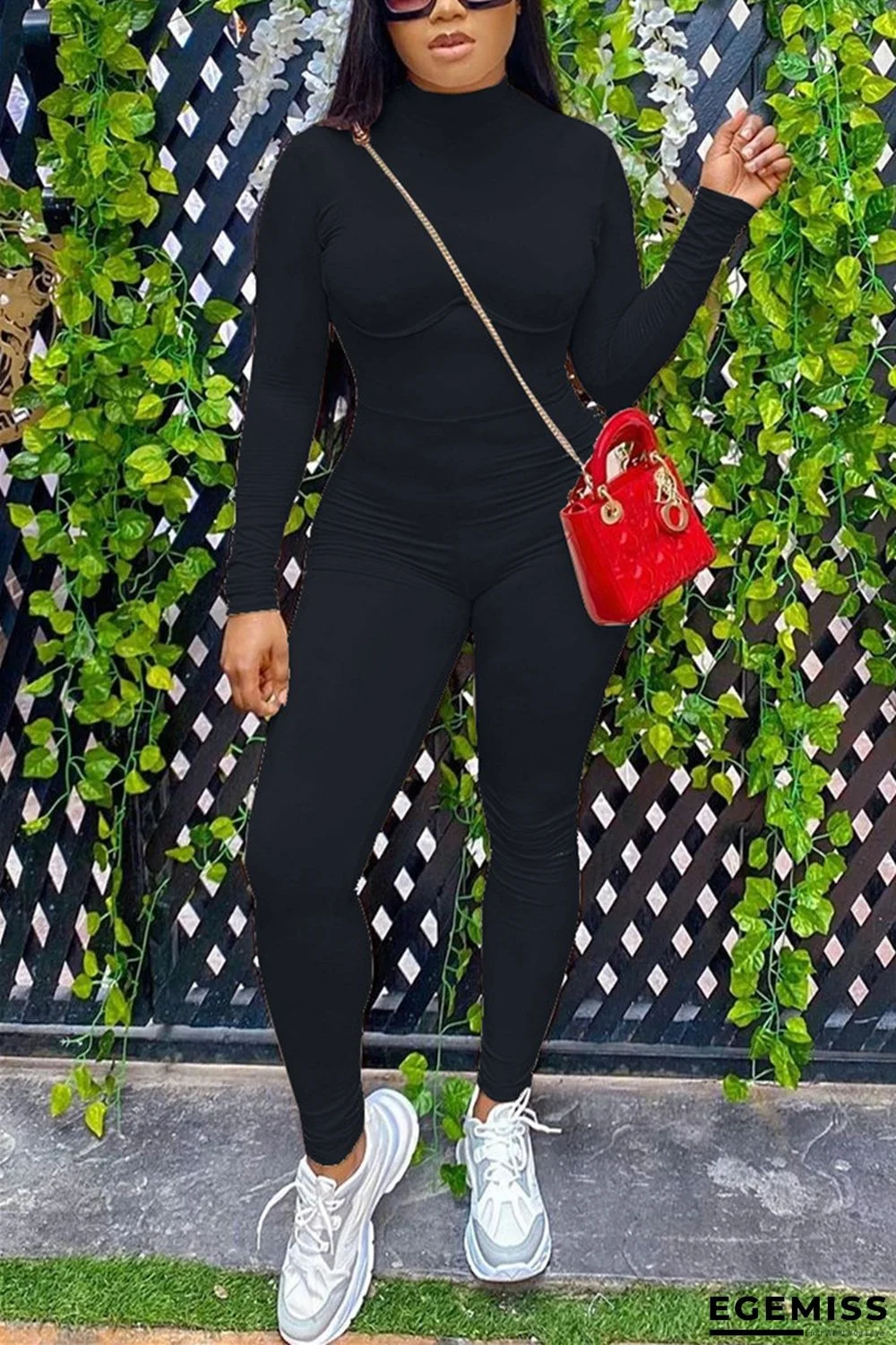 Black Fashion Casual Solid Long Sleeve O Neck Jumpsuits | EGEMISS